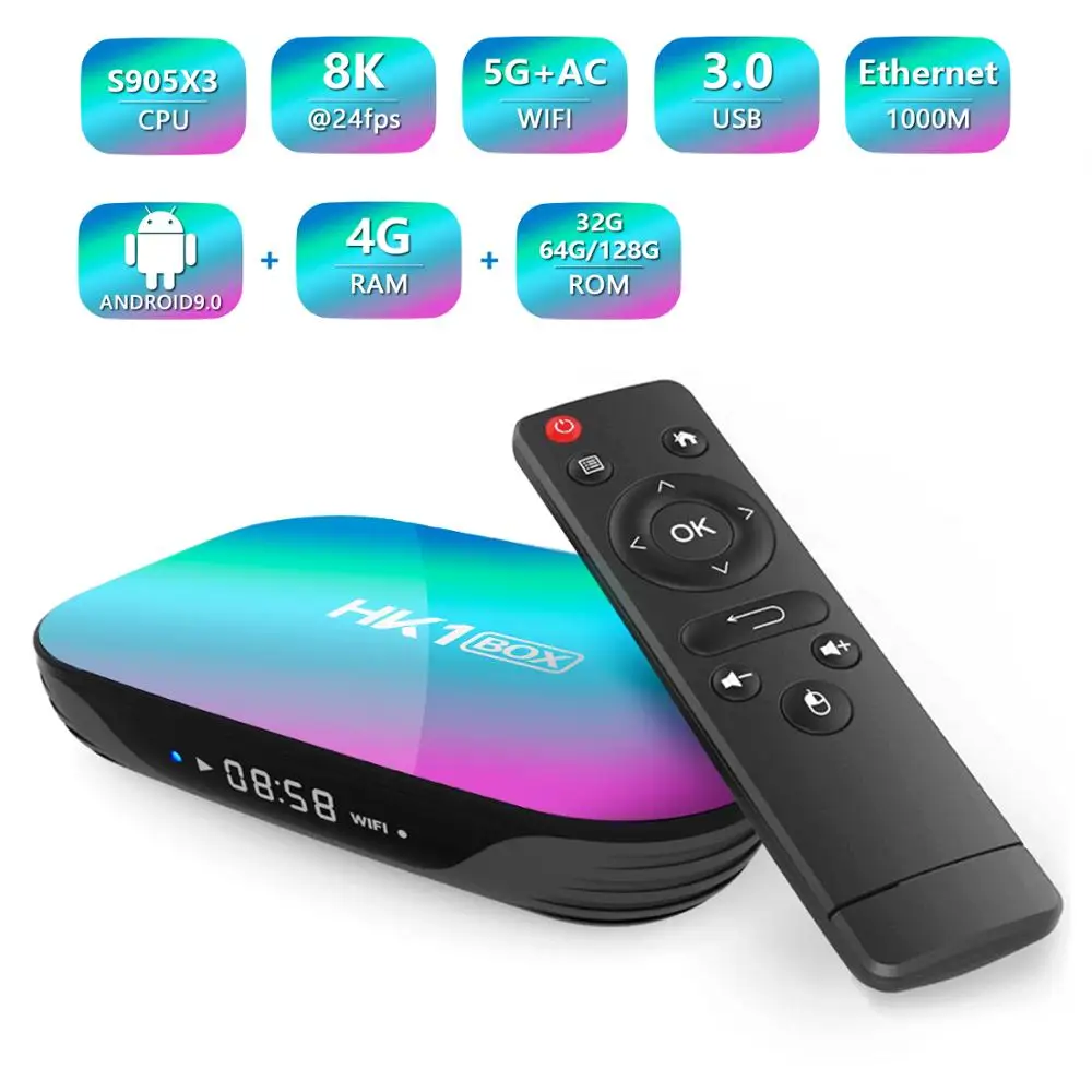 HK1 Box Android 9.0 Smart TV Box Amlogic S905X3 CPU 4GB RAM 32GB 2.4G+5G WiFi 1000M BT4.0 8K Smart Media Player