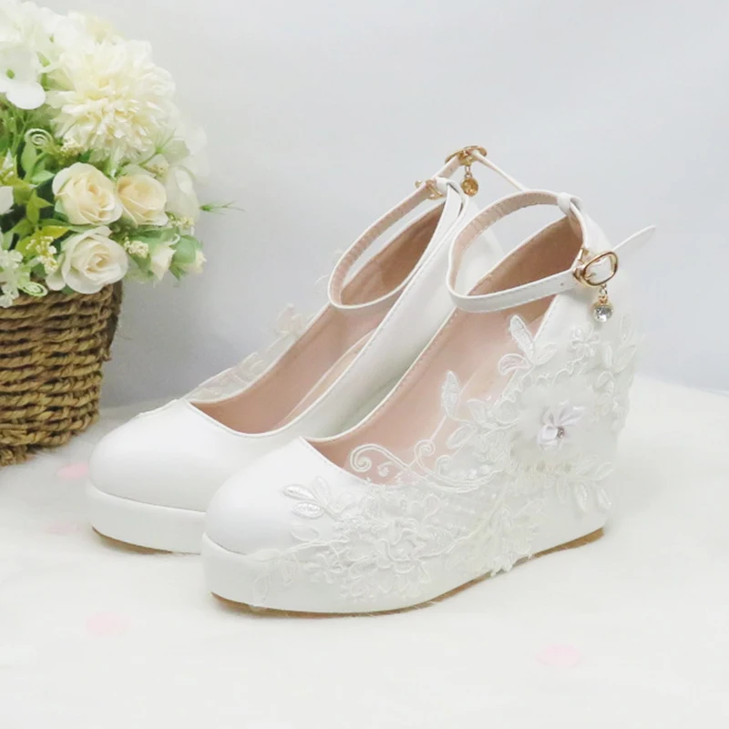 

BaoYaFang 2020 New Arrival Wedges Round Toe Wedding Shoes High Heels ladies fashion shoes woman White Lace ankle strap Pumps