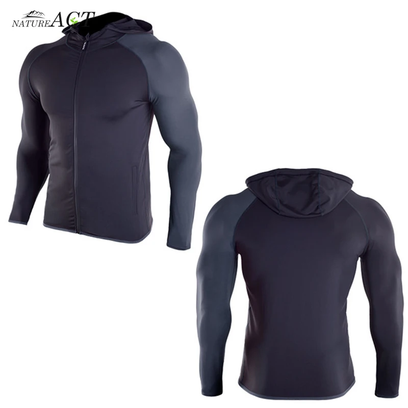 Мужские компрессионные куртки с капюшоном с длинными рукавами, быстросохнущие дышащие куртки на молнии для бега, фитнеса, тренажерного зала, спортивная одежда - Цвет: Серый