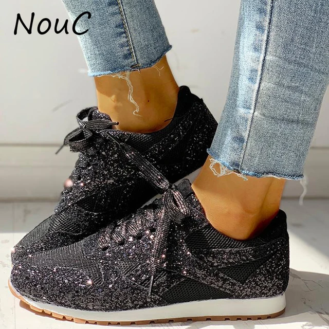 US $14.56 Women Flat Glitter Sneakers Casual Female Mesh Lace Up Bling Platform Comfortable Plus Size Vulcani