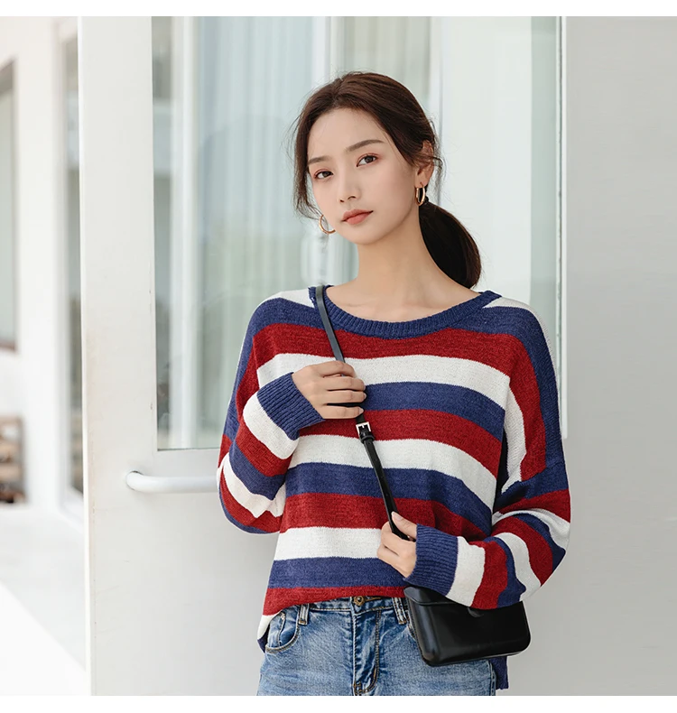 Корейский стиль женский свитер осенний ленивый Радужный полосатый свободный милый пуловер с длинными рукавами вязаный свитер женский круглый вырез женский