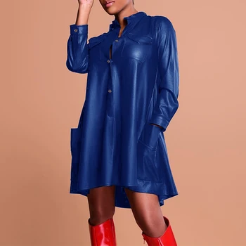 

Casual Woman Faux Leather Shirt Long Sleeve Women Blouses Black Pu Leather Dress Buttons Pockets Long Shirts Female Office Wear