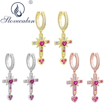 

Slovecabin Real 100% 925 Sterling Silver Crystal Cross Dangle Drop Earrings For Women Gift Romantic Love Heart Arete Hot Jewelry