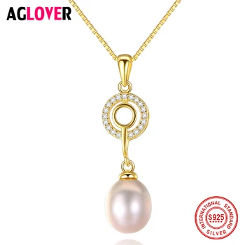 

AGLOVER New 925 Silver Chain AAA Zircon Pearl Necklace Pendant Natural Freshwater Pearl Jewelry Link Women Party Gift Wholesale