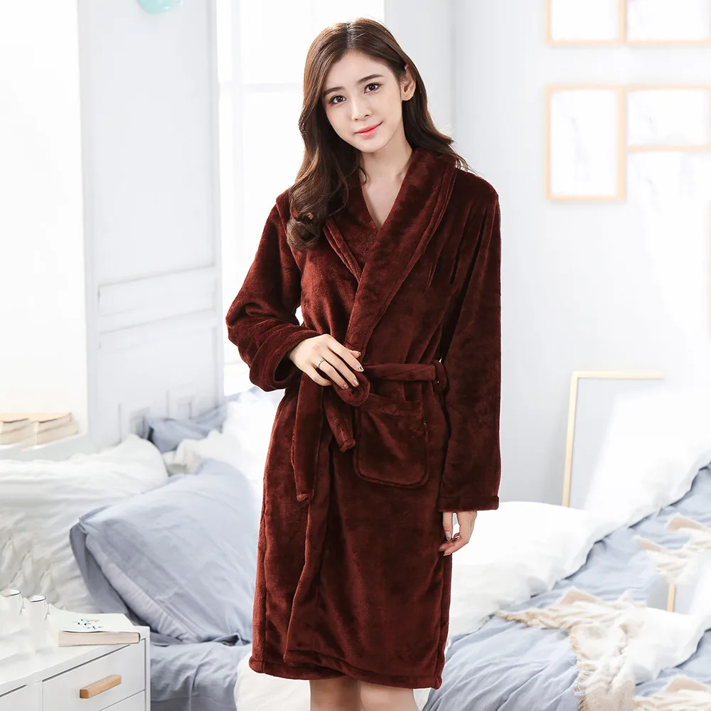 

Brown Young Lady Robe Sleepwear Padded Flannel Warm Bathrobe Winter New Thicken Nightgown Comfortable Casual Sexy Sleep Dress