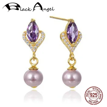 

Gold Color Amethyst Geometric Drop Earrings Pink Freshwater Pearl CZ For Women 925 Sterling Silver Fine Jewelry
