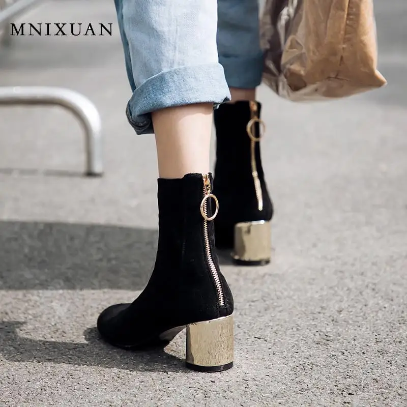 

MNIXUAN Fashion boots winter Ankle Boots For Women 2019 new round toe suede zipper block heel shoes black ladies booties size 42