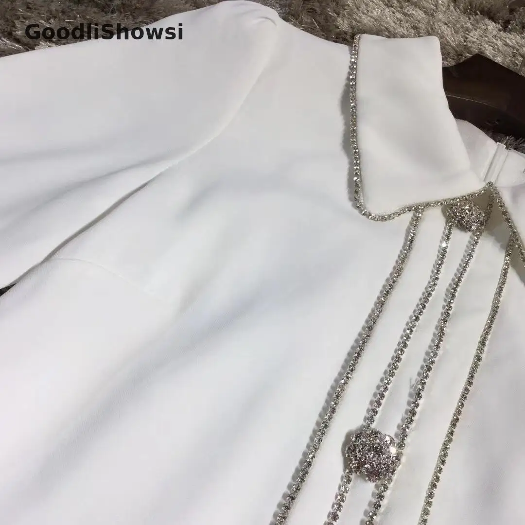 GoodliShowsi, Франция, элегантные белые платья, воротник с отложным воротником, рукав-клеш, бриллианты, пуговицы, сплошной цвет, женское платье с оборками