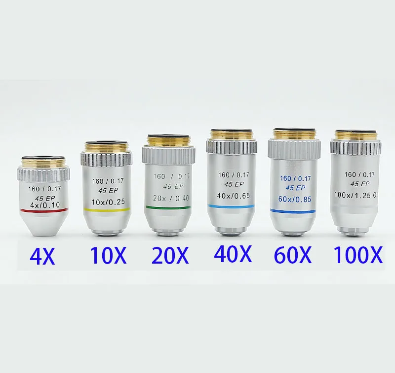 

195 45EP Semi Plan Achromatic Objective Lens 4X 10X 20X 40X 60X 100X 160/0.17 for Biological Microscope