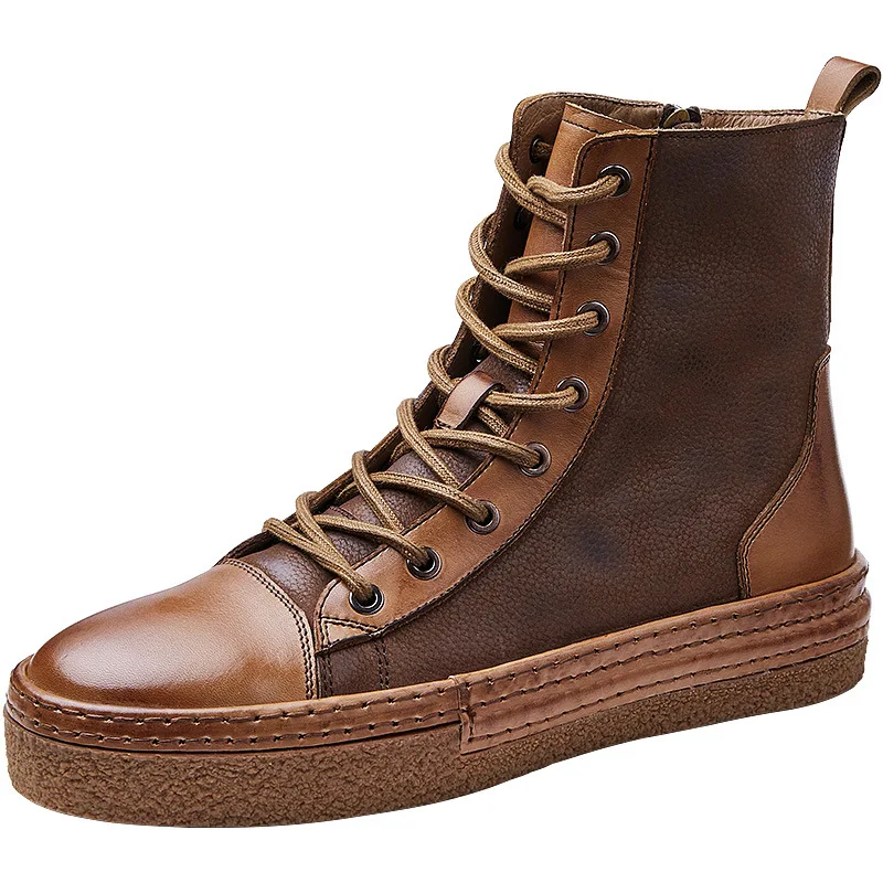 

Mens High Top Shoes Riding boots Zipper Autumn Winter Military Boots Round Thick bottom Chelsea Roots Men Zipper Cowhide