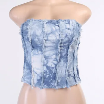

2020 Women Tubes Top Tie Dye Print Sleeveless Female Camisole Ladies Slim Fashion Denim Ruched Clothing