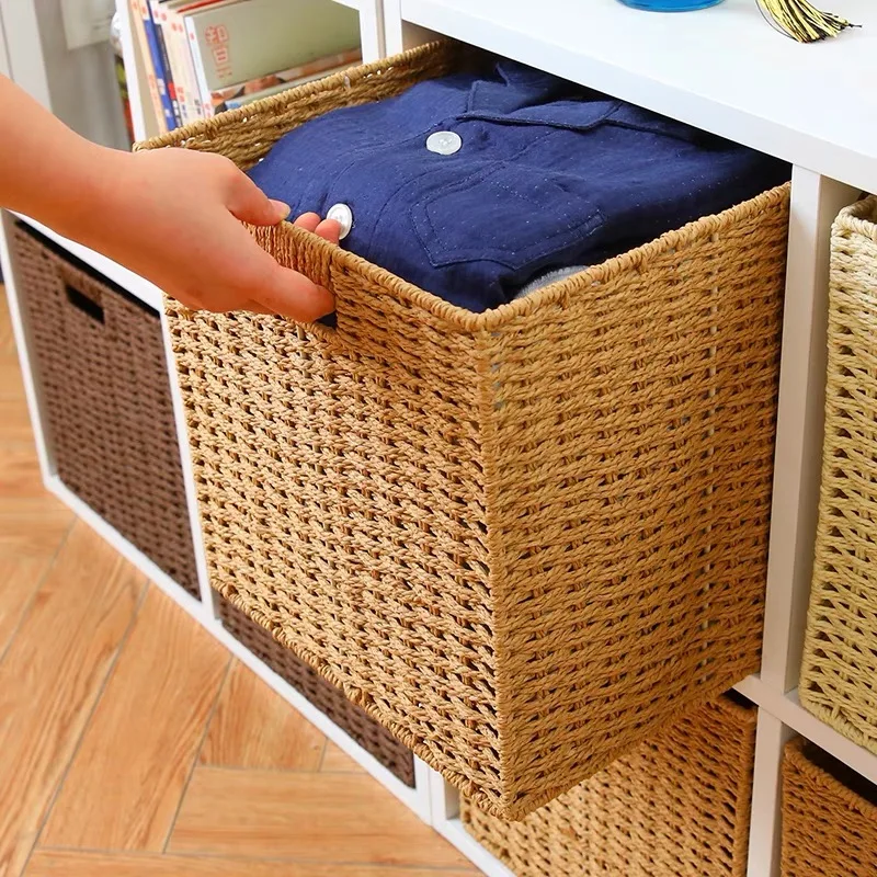 Rattan Storage Baskets Box With Handle Toy Sundries Stackable Container Clothes Underwear Handmade Organizer Basket Drawer Case 4