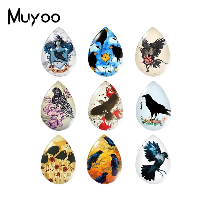 2019 New Raven In The Flowers Tear Drop Glass Dome Cabochon Black Bird Art Cabochons Photo Handmade Jewelry | Украшения и