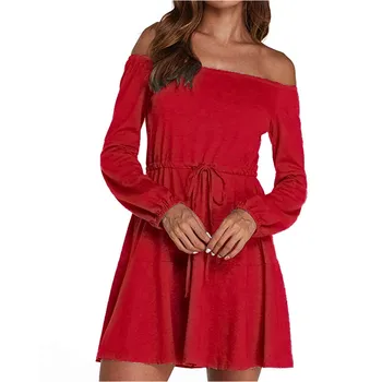 

Autumn Fashion Women's Winter Daily Casual Solid Sweet Slash Neck Solid Color Waist Mini Dress Wholesale Free Ship платье Z4