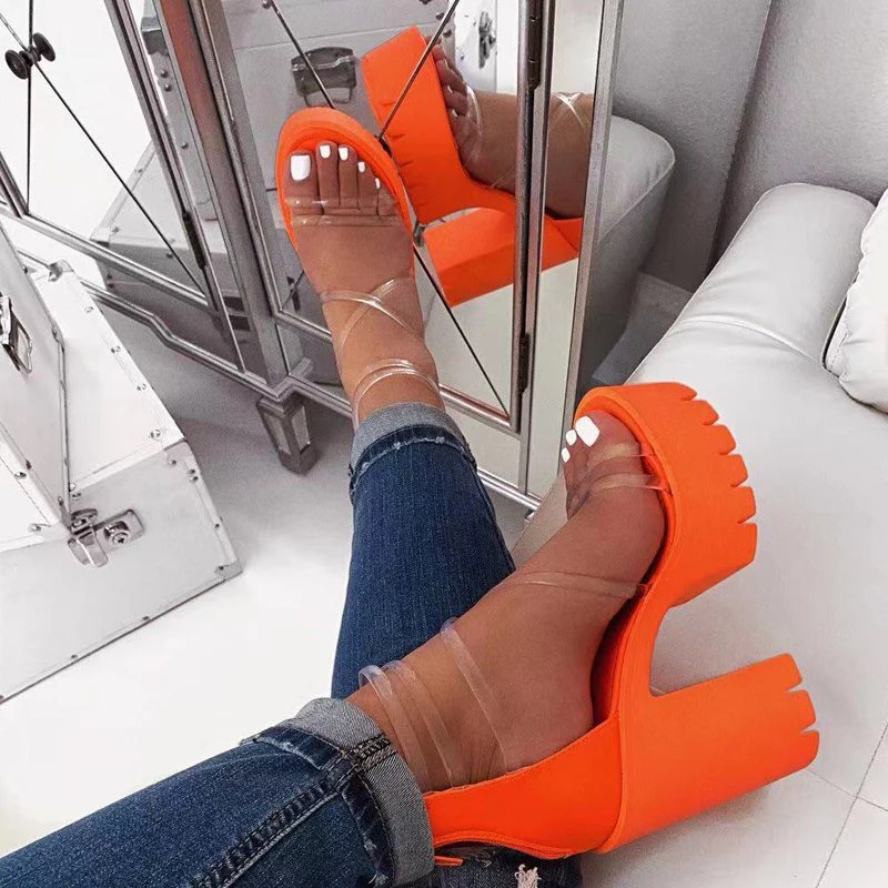 Litthing/женские прозрачные босоножки; женские шлепанцы на высоком каблуке; яркие цвета; женская летняя обувь с открытым носком на толстом каблуке; Sandalias - Цвет: Оранжевый