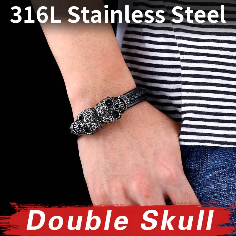 Beier 316L stainless steel Punk Double Skull Men's High Quality Leather Bracelet Party Fashion Jewelry Free Shipping LLBC-L024L