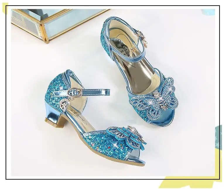 Детская блестящая обувь с бантиком для девочек; chaussures prinsessen schoenen; блестящие босоножки с бантиком; модельные туфли на высоком каблуке