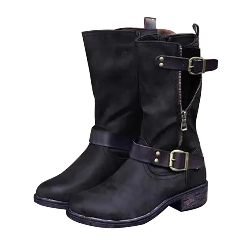 

Litthing 2019 Retro Solid Belt Buckle Botas Mujer Women Mid-Calf Round Toe Women Boots Women Autumn Low Heels Boots Size 35-43