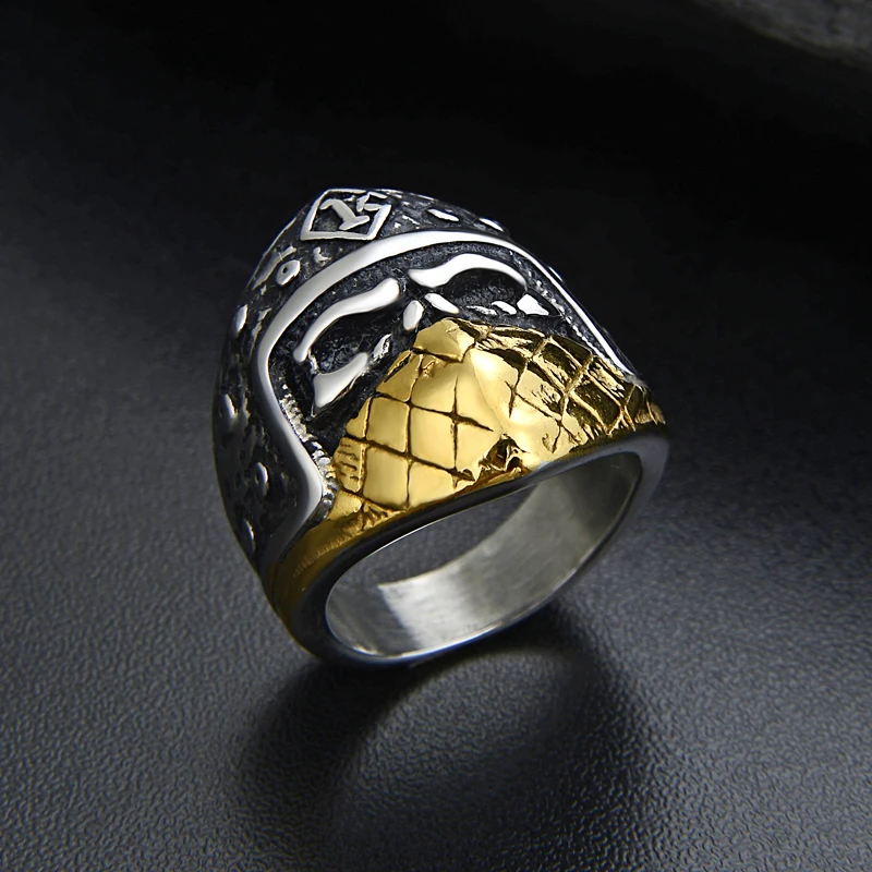 

Valily Men's Mask Ring Novel Retro Style Steel Ring 316L Stainless Steel Gold Color Skull Rings Hiphop Cool Jewelry