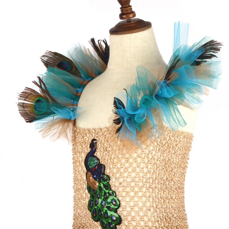 Vintage Couture Peacock Ball Gown Girls Pageant Tutu Dress with Feather Headband Kids Princess Evening Prom Party Dress Costume (4)