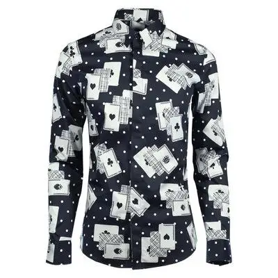 Minglu мужская хлопковая рубашка роскошные модные игральные карты печатных мужские рубашки с длинным рукавом тренд мужские повседневные тонкие рубашки подходят - Цвет: BLACK