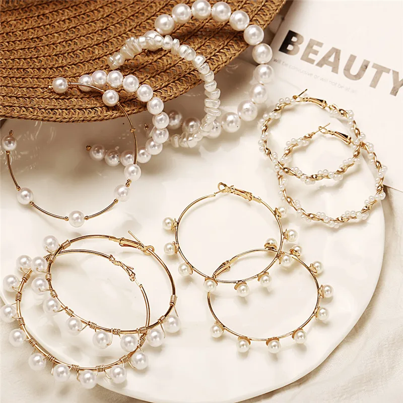 

IF ME Vintage Large White Gold Pearl Hoop Earrings For Women Girl Original Twisted Circle Big Round Earrings Fashion Jewelry New