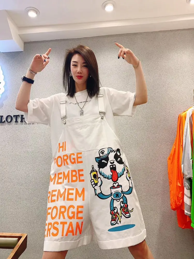 Summer shorts women new cartoon print hotpants oversized loose hip hop streetwear cotton short overalls letter booty shorts lady shorts