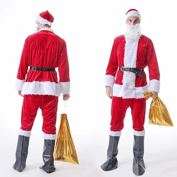 

6pcs Santa Claus Costume Christmas Cosplay Suit Festival Clothes Coat Pants Hat Beard Belt Shoes Outfits for Adults Xmas Gift