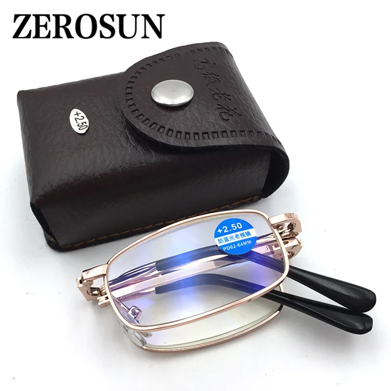 Zerosun Computer Reading Glasses Men Women Foldable Portable PU Leather Case Free Anti Blue Light Reflection Diopter Eyewear |