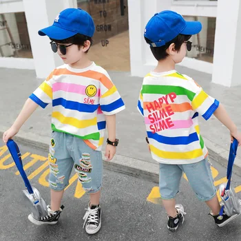 

Baby Boys Clothes Set Summer Kids Short Sleeve Striped T-Shirt +jean Pants Suit Children Outfits Clothing 2 3 5 6 7 8 9 10 Years