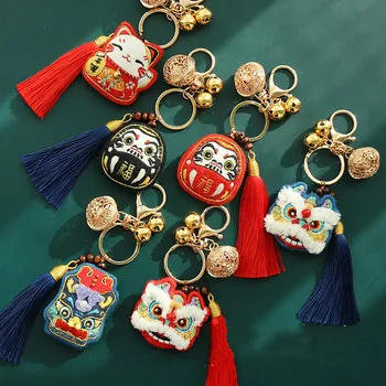 

DIY Embroidery Lucky Cat Keychain Lion Dance Man Key Chain Handmade Women Key Holder Cute Protective Talisman Needlework Brelok