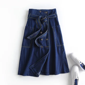 

2020 spring and summer new retro high-waisted A-line skirt women's wild double-breasted lace-up large pocket denim skirt women