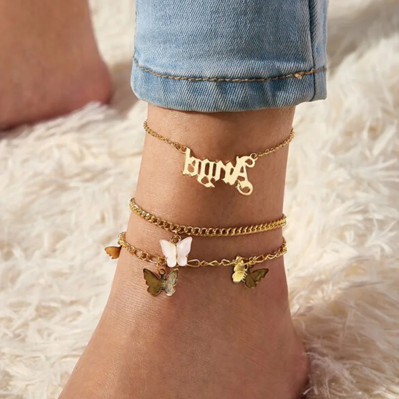 Anklets For Women 2020 Beach Angel Anklet Multi-Layer Letter Feet Elegant Butterfly Charm Gold Color Anklet Foot Jewelry Gift Anklets For Women 2020 Beach Angel Anklet Multi-Layer Letter Feet Elegant Butterfly Charm Gold Color Anklet Foot Jewelry Gift