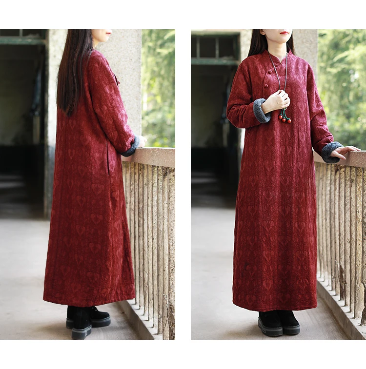 LZJN Chinese Dress Women 2019 Autumn Winter Long Sleeve Cheongsam Qipao Jacquard Fleece Lined Warm Thick Dress Robe Vestidos (6)