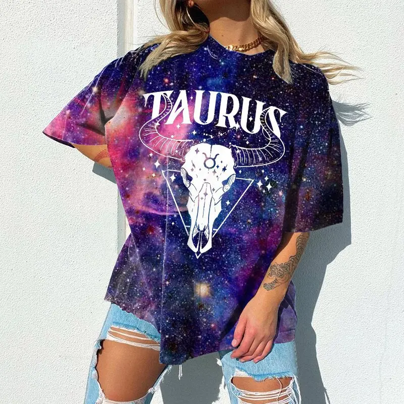 Capricorn Star Sky Print T-shirts Woman Summer Casual Loose Graphic Gothic Letter Short Sleeve O Neck Y2k Harajuku Shirt Tee Top t shirt oversize