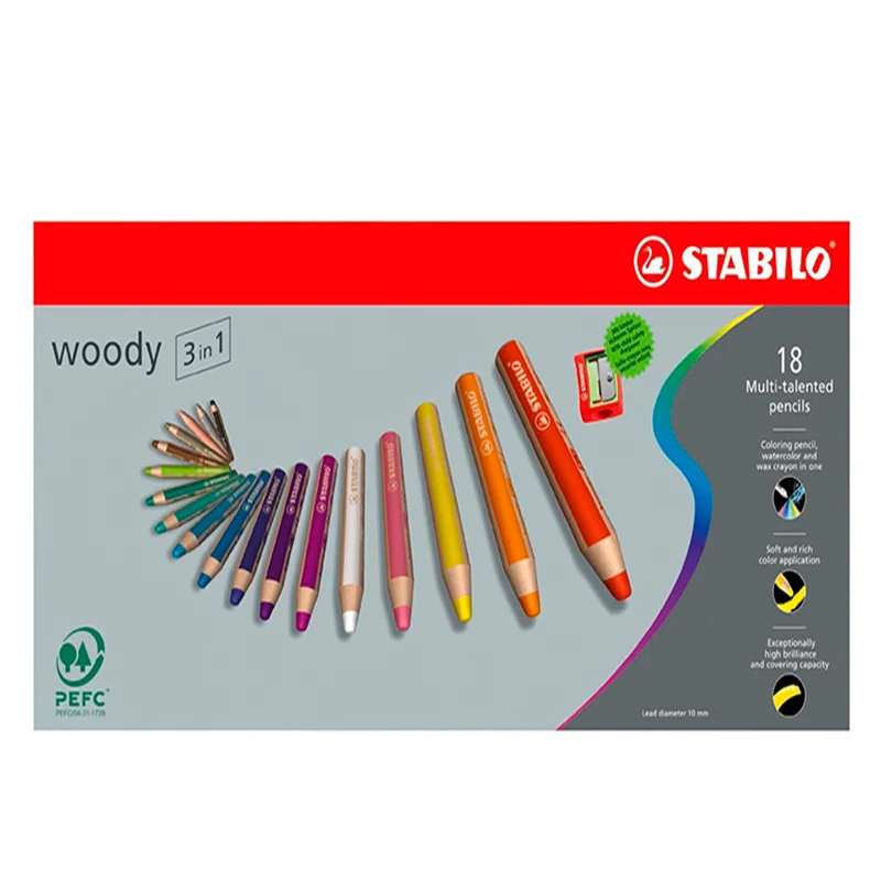 STABILO 18 crayons de couleur Multi-talents Woody 3in1 + 1 pinceau