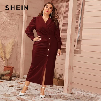 Женское платье с рукавами-фонариками SHEIN, Бордовое платье размера плюс с воротником-стойкой спереди и пуговицами, элегантное облегающее Пла...