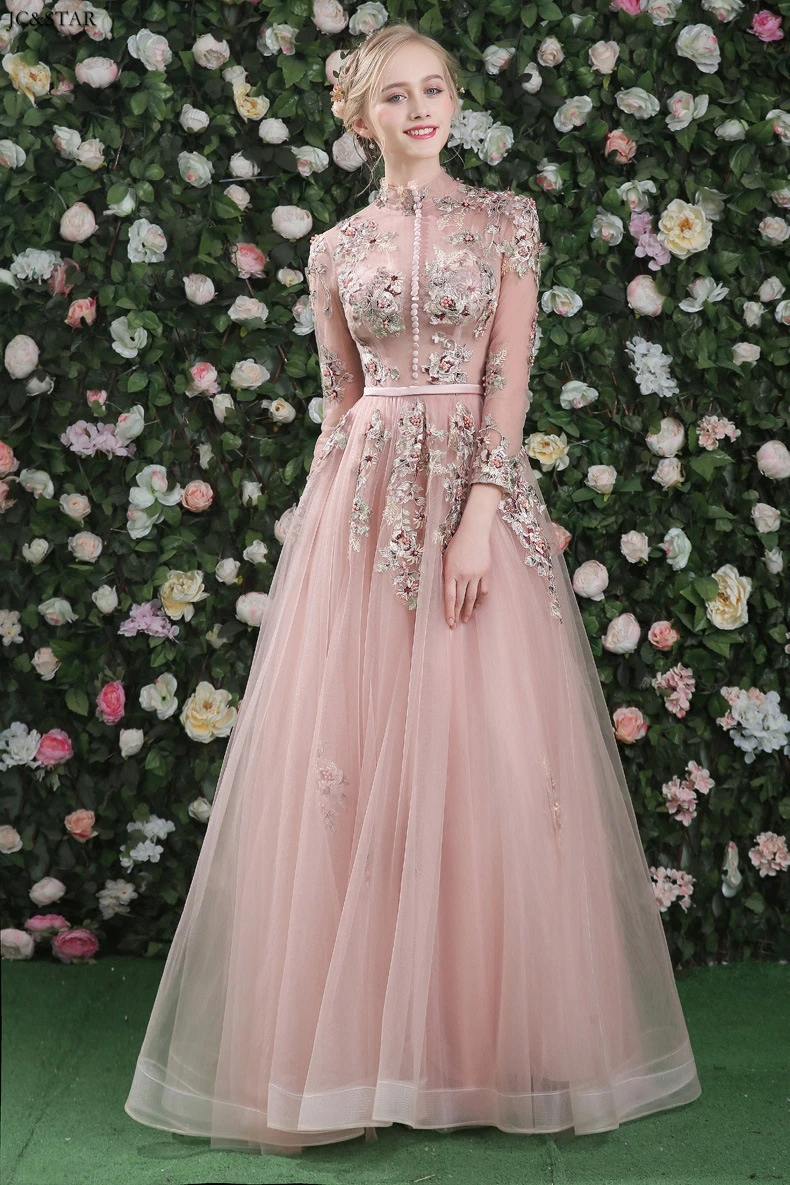Abiti da damigella, новинка, Тюлевое платье с высоким воротом и объемным цветком, открытая спина, длинный рукав, ТРАПЕЦИЕВИДНОЕ, пыльно-розовое платье, свадебные платья горничной