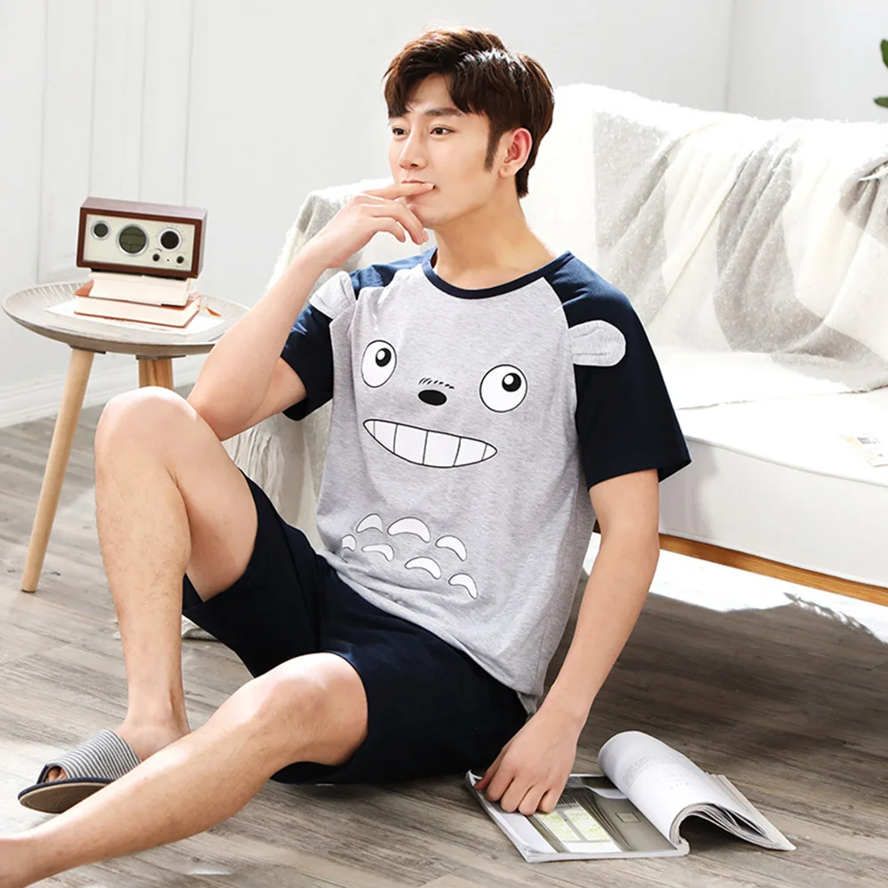 

2020 Men Pajamas Set Cartoon 100% Cotton Plus Size L-3XL Pyjama Short Sleeve Shirt +Shorts Casual Sleepwear Suit Male Loungewear