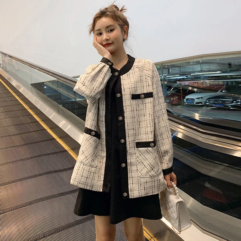 

2019 Europe style autumn/winter women jacket new fashion pearl buttons jacket checkered Tweed coat jacket casual loose outwear