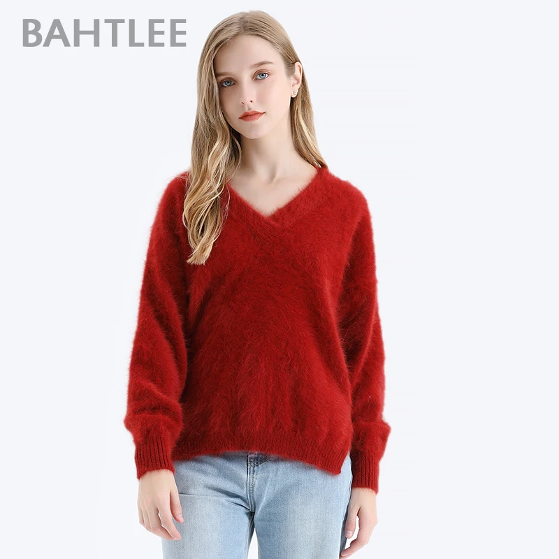 

BAHTLEE Women Angora V-Neck Pullovers Sweater Pure color Autumn Winter Wool Knitted Jumper Long Sleeves loose style