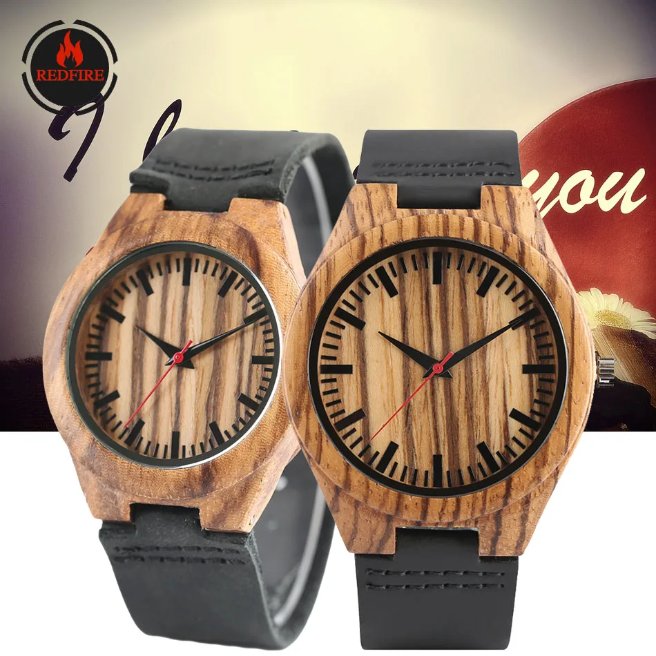 Relógios de Madeira de Quartzo Relógio de Couro Presentes para o Aniversário de Casamento Redfire Clássico Zebra-madeira Casal Genuíno Amantes Relógios Reloj