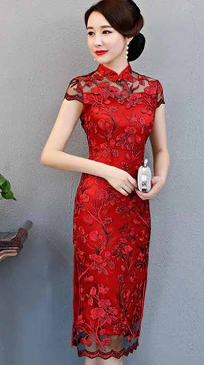 Кружевной cheongsam Тощий представление показывает сексуальный выдалбливают китайский стиль моды вышивка cheongsam - Цвет: Chinese red