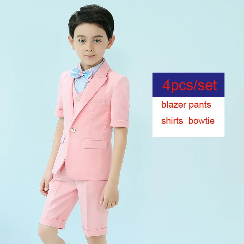 pink 4pcs Летние свадебные платья для мальчиков; Детский костюм; костюм ведущего рояля; детский блейзер с короткими рукавами; жилет; рубашки; шорты; одежда - Цвет: pink 4pcs