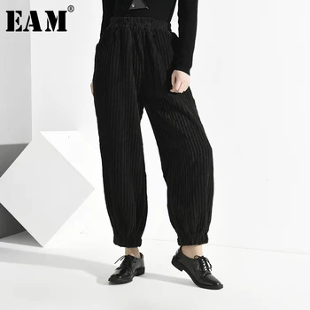 

[EAM] High Elastic Waist Black Long Leisure CorduroyTrousers New Loose Fit Pants Women Fashion Tide Spring Autumn 2020 A322