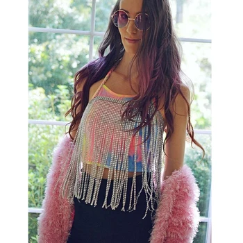 

Wholesale Sexy Bling Rhinestone Body Chain Bra Jewelry Gold Silver Color Bikini Tanktop Long Tassel Fashion Jewelry for Women