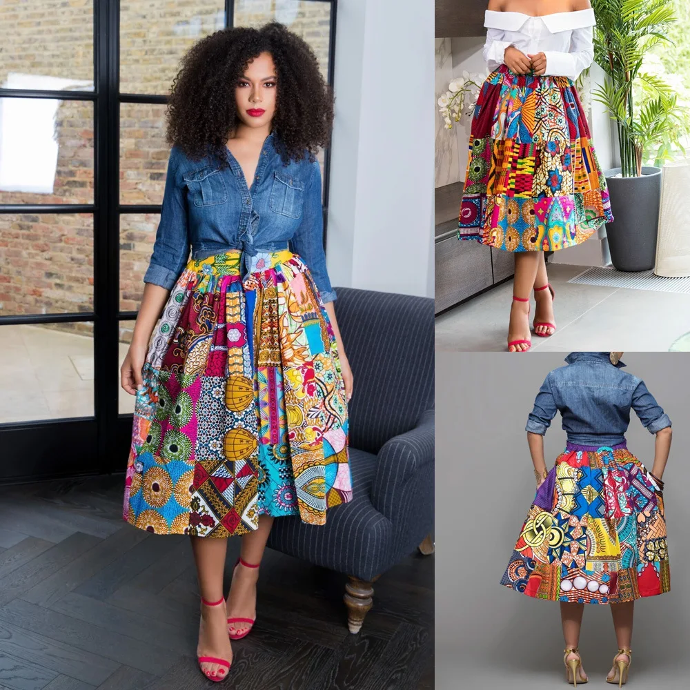 Contrast Color Multi-Element Printing High Waist Fashion Skirts Hot Sale Street Hipster Women Knee Length Skirts SMN3134G