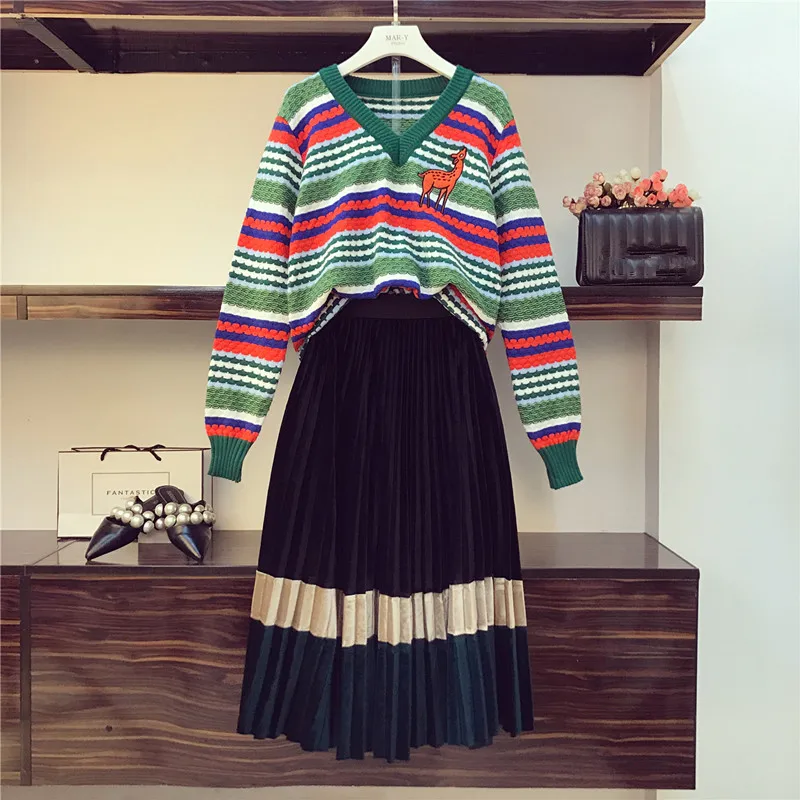 

Retro Sweater and Skirt Two piece Set Women V-neck Striped Batwing Sleeve Knit Pullover Tops With Velvet Long Skirt Suit