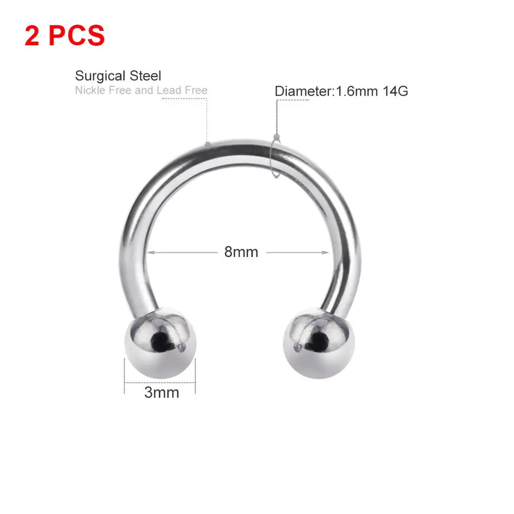 14G-1.6X8X3MM-Ball 2 шт., круговое кольцо в форме подковы для женщин и мужчин, кольцо из нержавеющей стали для губ, кольца для носа, кольца для сосков, пирсинг, унисекс, ювелирные изделия для тела - Окраска металла: 14G-1.6X8X3MM-Ball