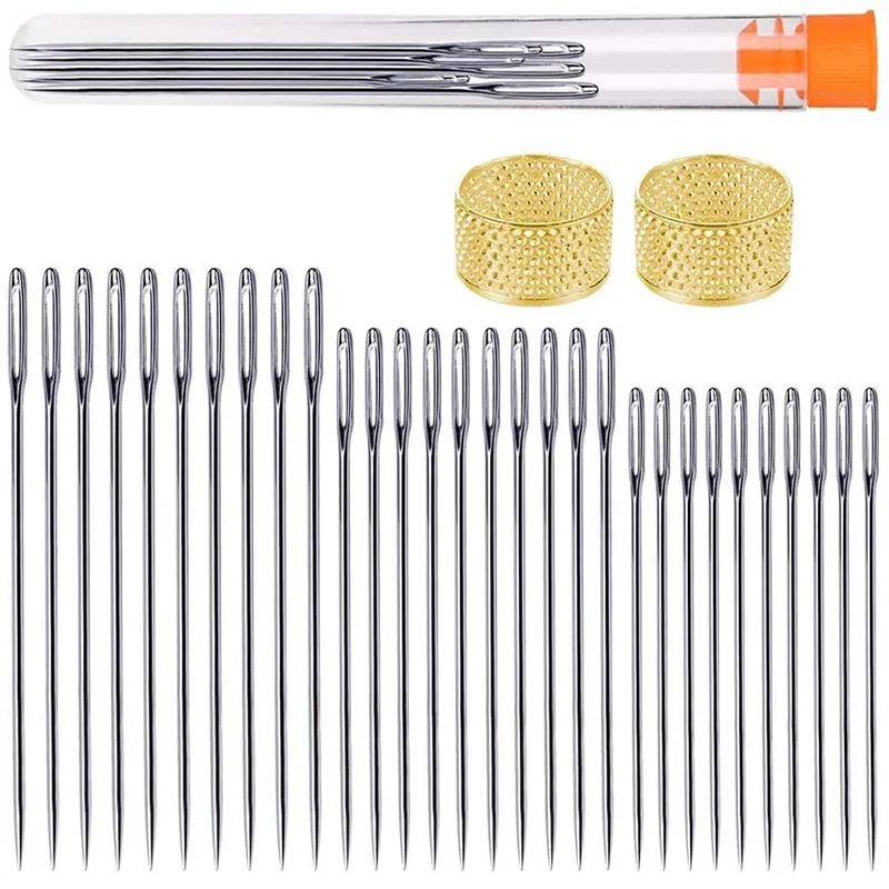 

IMZAY 30PCS Large Eye Stitching Needles 3 Sizes Sewing Needles And 2PCS Thimble In Needle Storage Tube For Crafting Project